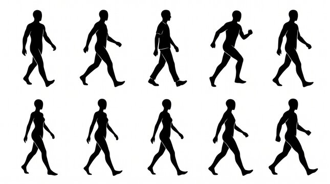 Set of human silhouettes showing various walking and running poses for animation.