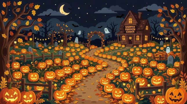 Spooky Halloween Pumpkin Garden at Night with Haunted House, Bat Silhouettes, Ghosts, Full Moon, Twinkling Lights, and Autumn Trees in a Festive Scene