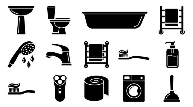 Black bathroom icons and sanitary equipment symbols showcasing plumbing fixtures, personal hygiene items and bath amenities, concept for home interior design and daily hygiene routine
