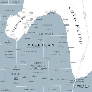 The Thumb, region and peninsula of U.S. state of Michigan, gray political map. Blue Water Area or Michigan's Thumb Coast, shaped like a thumb of a mitten that is formed by the Lower Peninsula. Vector