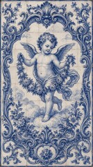 Obraz premium Blue vintage baroque cherub mobile wallpaper with ornate floral tiles