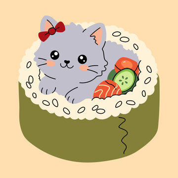 Adorable Gray Cat Inside Sushi Roll Cartoon Design