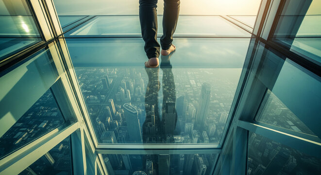 Person walking barefoot on a glass floor skywalk overlooking a modern city skyline from a high altitude skyscraper