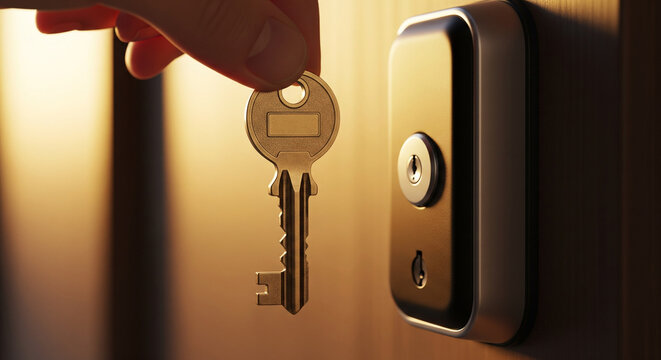 Hand holding a metal key to open a door lock with warm golden light