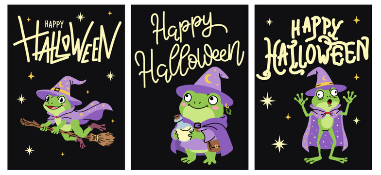 Happy Halloween Cartoon Frog Wizard Characters