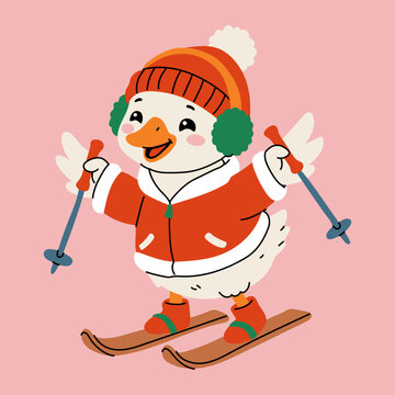 Adorable Christmas Duck with Skis Cartoon Design