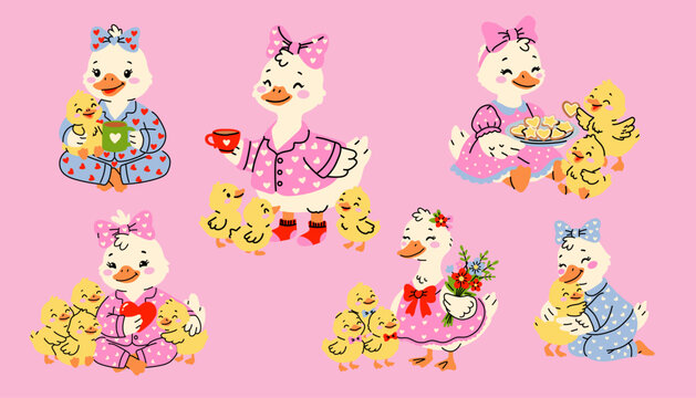 Kawaii Mother Duck with Ducklings Love and Care Illustrations
