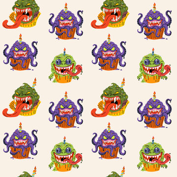 Cute Spooky Monster Cupcake Halloween Background Pattern