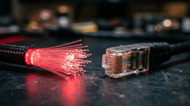 A close-up shot shows a glowing red fiber optic cable next to an ethernet connector, illustrating modern data transmission, high speed internet, and advanced networking technology