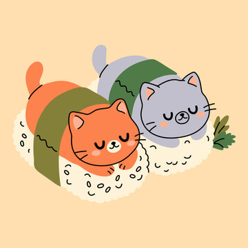Cute Cat Sushi Illustration with Sleeping Kittens