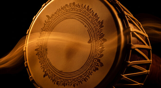 Close-up of a traditional Indian dholak drum with golden light trails and decorative patterns