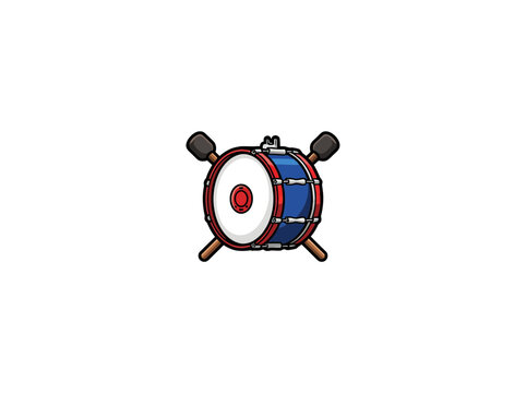 Blue Bass Drum With Red Rims White Drumhead And Crossed Mallets Vector Illustration