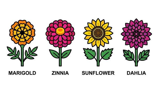 Set of four colorful outlined flower icons featuring marigold zinnia sunflower and dahlia in a flat design style perfect for botanical illustrations or web elements