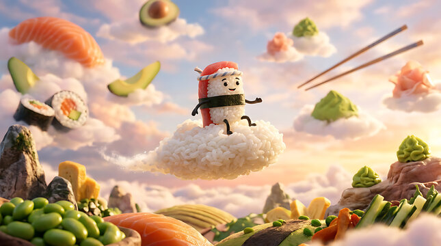 Cute sushi character flying on a rice cloud in a surreal food landscape.