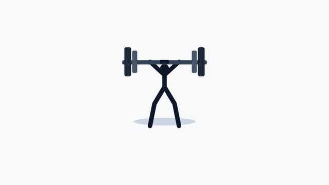 Comprehensive motion graphics animation of a stickman lifting a heavy barbell from the floor in a deadlift movement, transitioning fluidly all the way up to an overhead press lockout position with sca