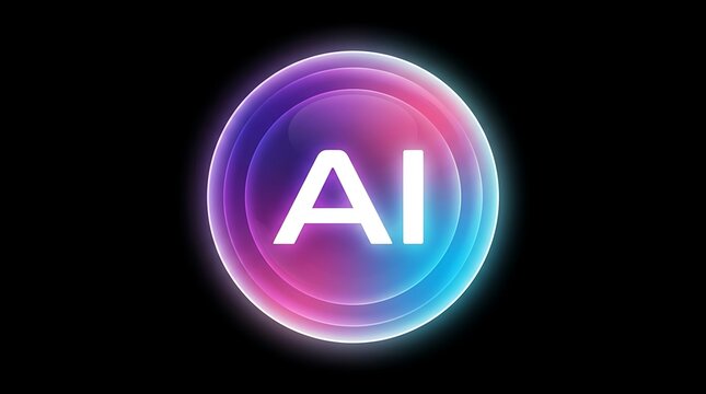 Glowing ai text logo inside a colorful circular sphere on a black background