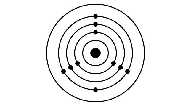 Bohr model diagram of an atom with a central nucleus and electrons orbiting in concentric shells isolated on white background