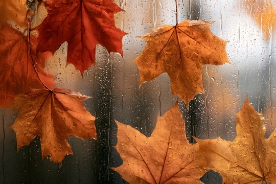 Rainy window with colorful autumn maple leaves and water drops