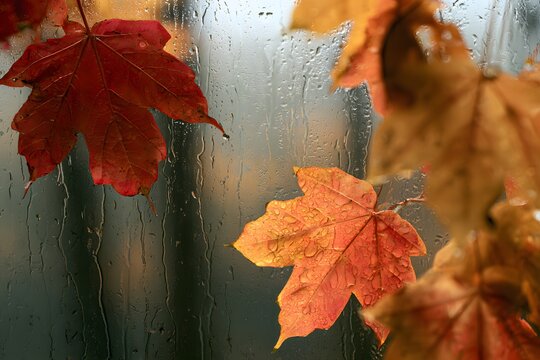 Autumn maple leaves on wet window with rain drops on rainy day