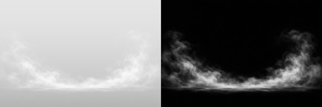 Low rolling smoke wisps with billowing plumes on transparent background