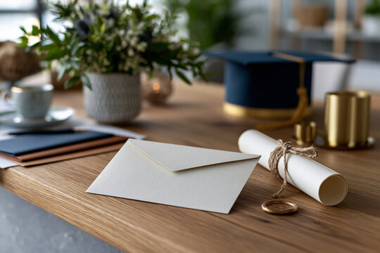 blank graduation invitation on a minimalist desk with rolled diploma, elegant stationery and subtle decorative accents, bright natural daylight, clean composition with copy space, no people