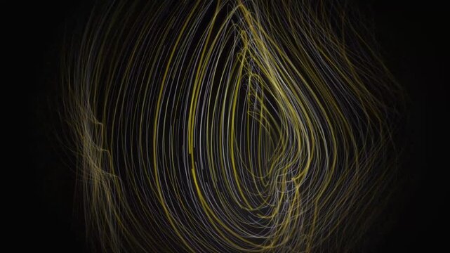 Dynamic abstract yellow and gray wavy lines forming a tunnel on black background motion graphics.
