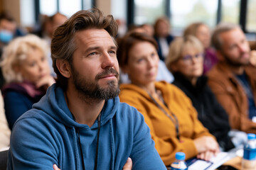 Obraz premium Graduate researchers presenting findings during an academic symposium, audience engaged in discussion, modern educational conference venue, natural window light