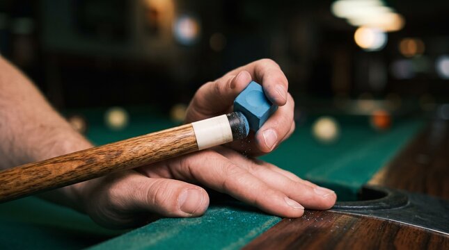 Close-up of a player applying blue chalk to the tip of a wooden pool cue stick with floating chalk dust in a billiard hall.