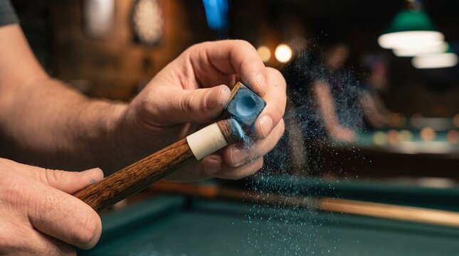 Close-up of a player applying blue chalk to the tip of a wooden pool cue stick with floating chalk dust in a billiard hall.