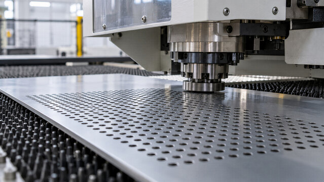 CNC punching machine processes a metal sheet with precision. The machine head descends to create a perforated pattern on the industrial material.