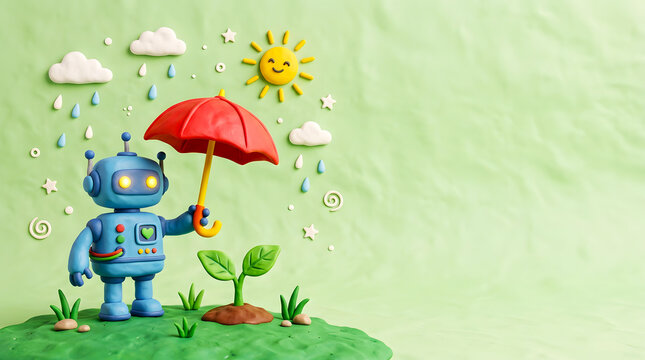 Claymation robot holding red umbrella protecting small green plant from rain under sun in green field.