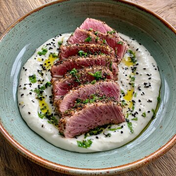 Seared tuna steak slices on white sauce