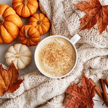 Autumn pumpkin spice latte with cozy sweater flat lay