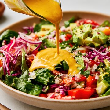Pouring healthy salad dressing over fresh vegetables bowl