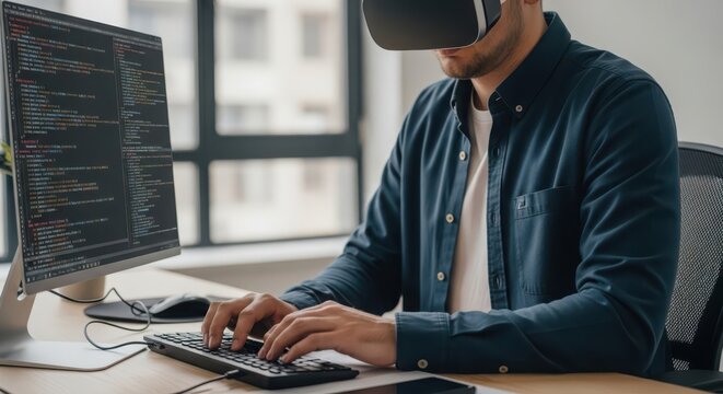 Faceless software developer immersed in virtual reality while coding on a computer at a desk