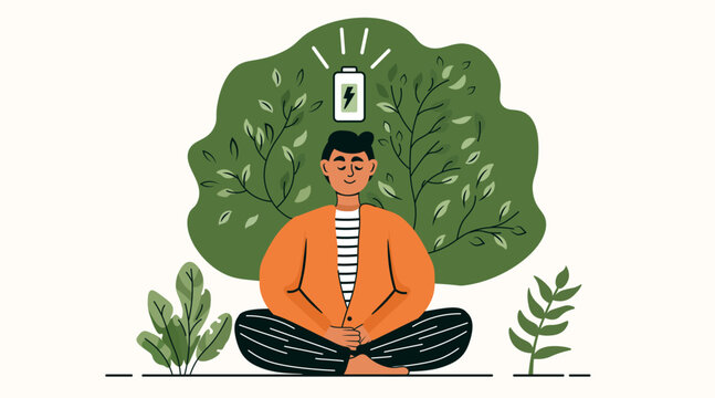 Man meditating overcoming digital fatigue nature background battery icon mental wellness relaxation greenery self-care concept website banner