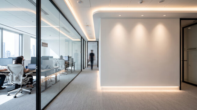 Modern office interior with glass partitions and blank wall for copy space