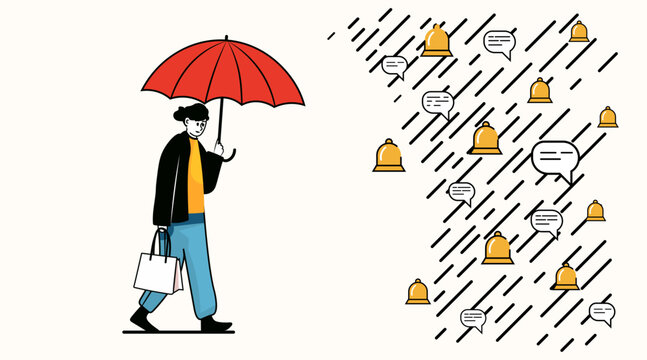 Person with umbrella digital fatigue concept shielding from notification rain modern flat design isolated background website banner