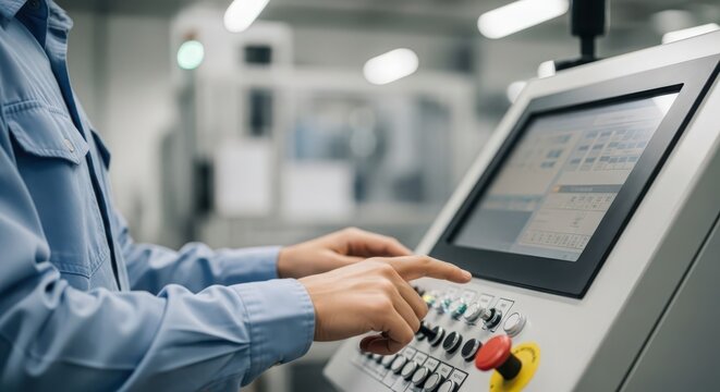 Hands operating a modern industrial control panel with digital screen in a factory setting
