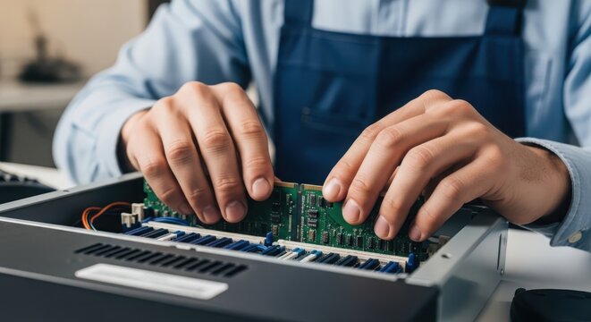 IT Administrator Installing Computer Memory Module for System Upgrade in Workshop