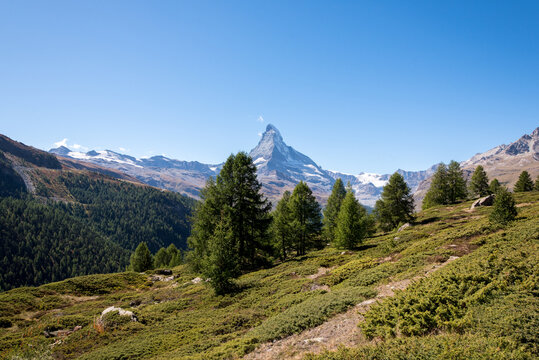 Hochalm mit Wanderwegen am Sunnegga mit Blick auf das Matterhorn Zermatt Schweiz