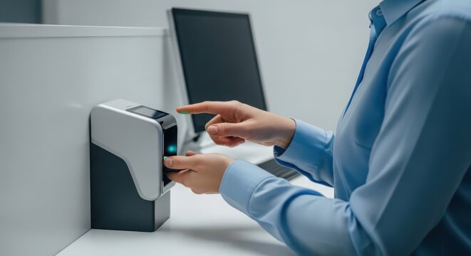 Office worker using a fingerprint scanner for secure access control at a desk with a computer monitor.