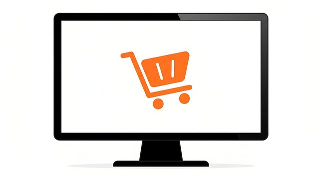 A computer monitor displaying an orange shopping cart icon isolated on white background