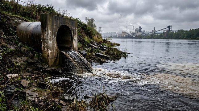 Water pollution industrial discharge sewage pipe river contamination environmental damage