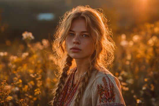 Beautiful Slavic Woman in Linen Dress in Blooming Meadow
