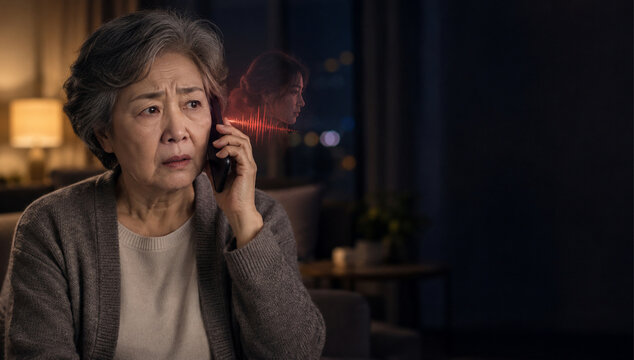 Senior Woman Looking Anxious During Phone Call with AI Voice Cloning or Impersonation Fraud Concept