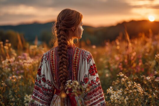 beautiful Slavic woman in traditional embroidered linen dress standing in blooming wildflower meadow at golden sunset