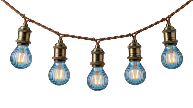 Vintage string lights with blue ribbed glass bulbs and brass sockets isolated on transparent background