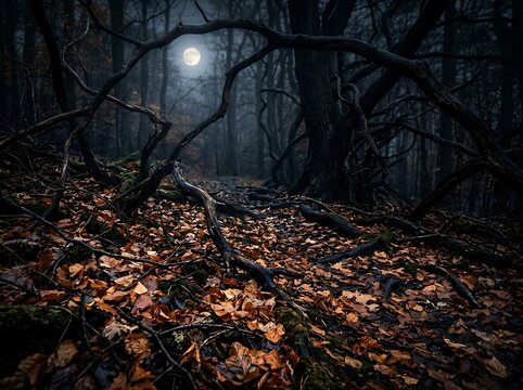Spooky moonlit forest scene with tangled dark trees for halloween theme.