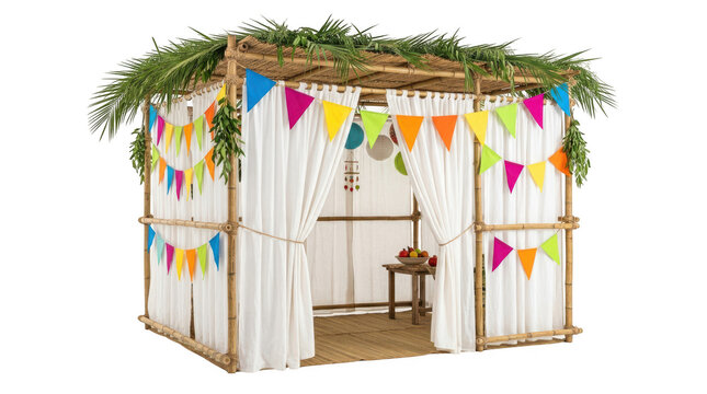 Festive sukkah hut decorated with colorful bunting for the jewish holiday of sukkot isolated on transparent background